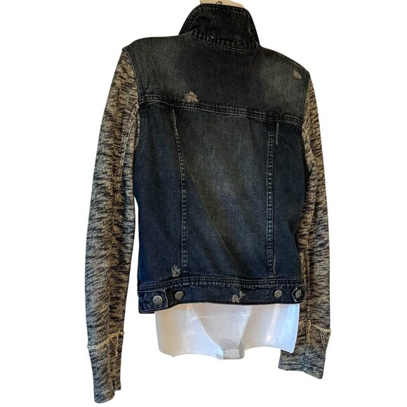 Free People Knit Hooded Denim Jacket Pumice Black Size L Distressed Women’s - Picture 10 of 14